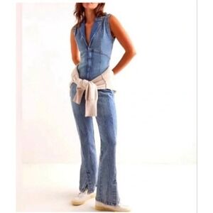 We The Free Free People CRVY Ring the Alarm Denim Jumpsuit Sky Blue XXL